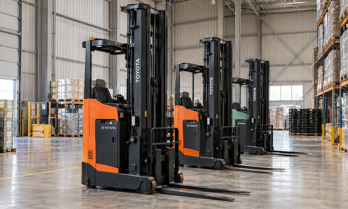 Reach trucks lined up in a warehouse