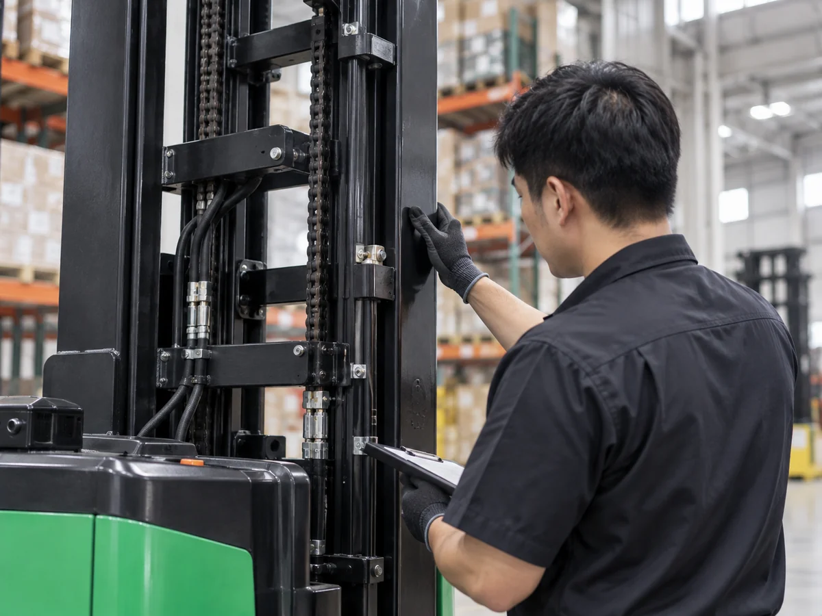 Technician inspecting a reach truck mast in a warehouse