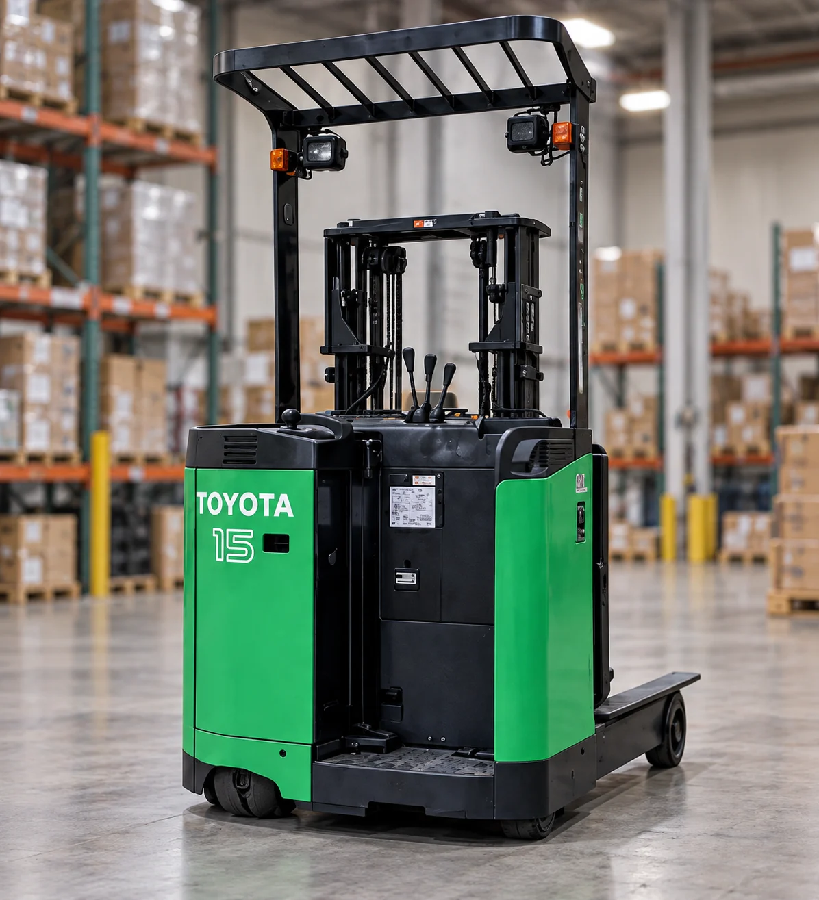 Toyota reach truck positioned in front of warehouse racking