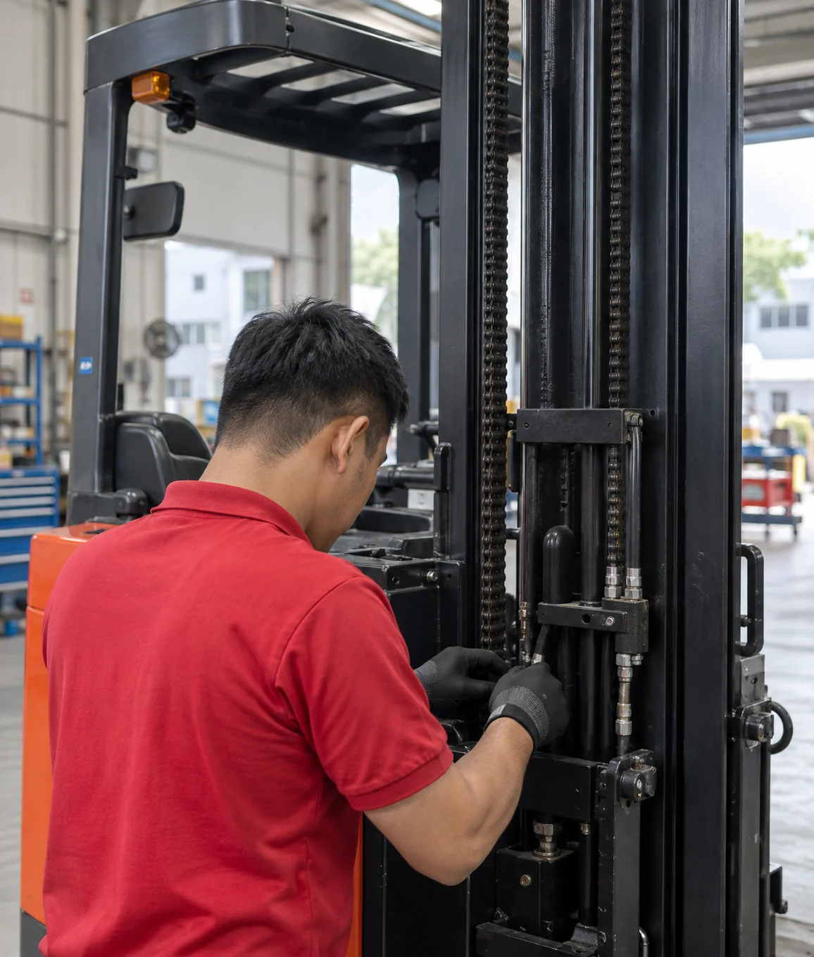Technician working on a forklift mast in a workshop